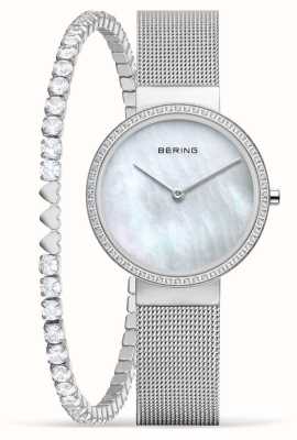 Bering Klassieke cadeauset voor dames (31 mm) met parelmoer wijzerplaat/roestvrijstalen mesh-armband 14531-004-GWP190