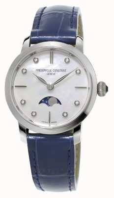 Frederique Constant Dames slimline maanfase diamanten set blauwe lederen band FC-206MPWD1S6
