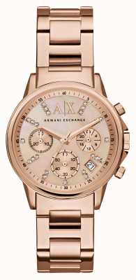 Armani Exchange Dames | wijzerplaat met kristallen | rosé gouden armband AX4326