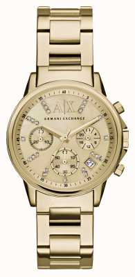 Armani Exchange Dames | wijzerplaat met kristallen | goudkleurige armband AX4327