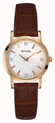 Bulova Dames gouden horloge bruin lederen band 97S105