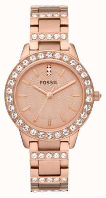 Fossil Damesjesse | rosé gouden wijzerplaat | kristallen set | rosé gouden roestvrijstalen armband ES3020