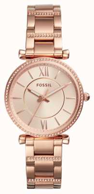 Fossil Carlie dames | rosé gouden wijzerplaat | kristallen set | rosé gouden roestvrijstalen armband ES4301