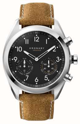 Kronaby Apex hybride smartwatch (43 mm) zwarte wijzerplaat / bruine Italiaanse gewaxte suède leren band S3112/1