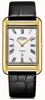 Rotary Cambridge date gouden vierkante horloge voor heren, zwarte leren band GS05283/01