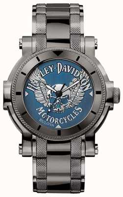 Harley Davidson Heren voor hem | zwarte roestvrijstalen armband | blauwe wijzerplaat 78A117