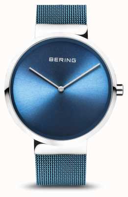 Bering | klassiek | gepolijst / geborsteld zilver | blauwe mesh armband | 14539-308