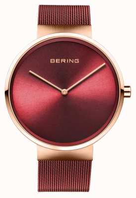 Bering | klassiek | gepolijst / geborsteld roségoud | rode mesh armband | 14539-363