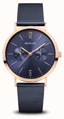 Bering | klassiek | gepolijst roségoud | blauwe mesh armband | 14236-367