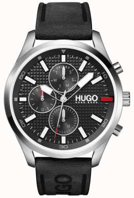 HUGO Heren #achtervolging | zwarte wijzerplaat | horloge met zwarte leren band 1530161