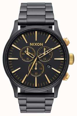 Nixon Sentry chrono | mat zwart / goud | zwarte ip stalen armband | zwarte wijzerplaat A386-1041-00