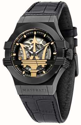 Maserati Potenza | zwarte leren armband | zwart/gouden wijzerplaat R8821108036