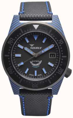 Squale Carbon stijl | zwart / blauwe wijzerplaat | zwarte microvezel band - blauw stiksel T183BL-CINT183BL