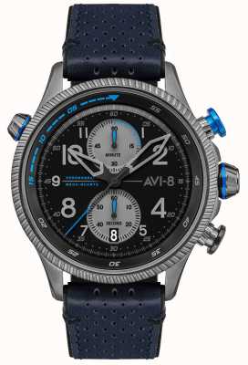 AVI-8 Hawker jager | chronograaf | zwarte wijzerplaat | blauwe lederen band AV-4080-02