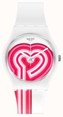 Swatch Beatpink | Valentijnsdag | witte siliconen band | roze / witte hartjeswijzerplaat GW214