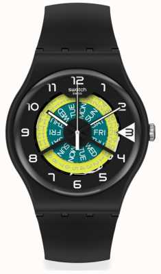 Swatch Blijf draaien | zwarte siliconen band | tweekleurige wijzerplaat SUOB732
