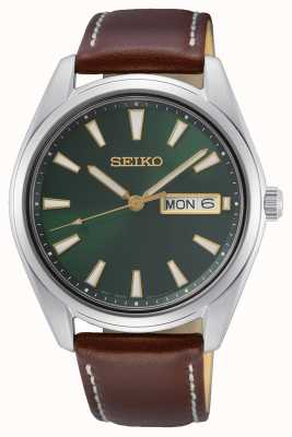 Seiko Horloge met groene wijzerplaat en bruine leren band SUR449P1