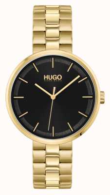 HUGO #verpletteren | zwarte wijzerplaat | gouden pvd stalen armband 1540102