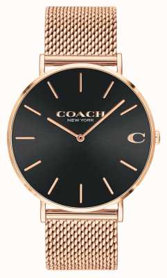 Coach | charles | zwarte sunray wijzerplaat | rosé gouden mesh armband | 14602552
