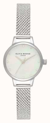 Olivia Burton Mini witte parelmoer wijzerplaat, fonkelende markeringen & zilveren bouclé mesh horloge OB16MN04
