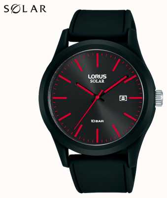 Lorus 42 mm zonne-horloge rood zwarte siliconen band RX303AX9