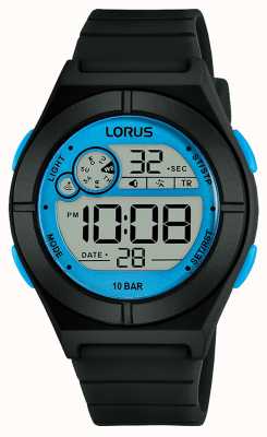 Lorus Dames digitaal horloge zwarte siliconen band blauwe details R2361NX9