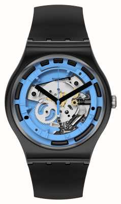 Swatch Nieuw heren blauw anatomie zwart siliconen horloge SUOB187