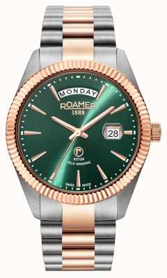 Roamer Primeline day date groene wijzerplaat met rose gouden armband 981662 47 75 90