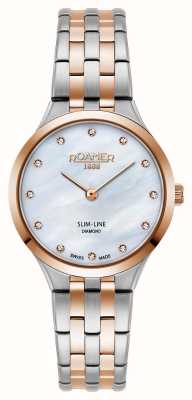 Roamer Slanke klassieke dames witte mop diamanten wijzerplaat rosé gouden tweekleurige armband 512847 49 89 20