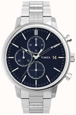Timex Chicago chrono 45 mm zilverkleurige kast blauwe wijzerplaat roestvrijstalen armband TW2V01700
