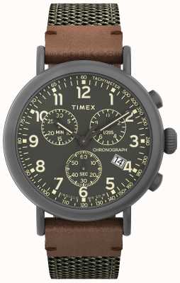 Timex Standaard chronograaf 41 mm grijze kast olijfkleurige wijzerplaat olijfkleurige stoffen leren band TW2U89500