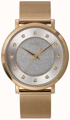 Timex Hemelse weelde voor dames 38 mm goudkleurige kast zilverkleurige glitter wijzerplaat met kristallen markeringen en goudkleurige mesh armband TW2U67100
