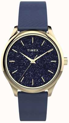 Timex Goudkleurige kast met marineblauwe glitterwijzerplaat en marineblauwe band TW2V01200