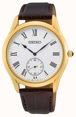 Seiko Bruin lederen band witte wijzerplaat geel verguld horloge SRK050P1