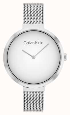 Calvin Klein Minimalistische t-bar roestvrijstalen mesh armband witte wijzerplaat 25200079