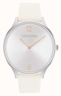Calvin Klein 2 uur zilveren sunray wijzerplaat | witte leren band 25200010