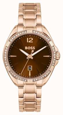 BOSS Dames felina | bruine wijzerplaat | rosé gouden roestvrijstalen armband 1502621