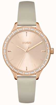 HUGO Dames #flits | rosé gouden wijzerplaat | beige lederen band 1540114