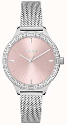 HUGO Dames #flits | roze wijzerplaat | stalen mesh armband 1540115