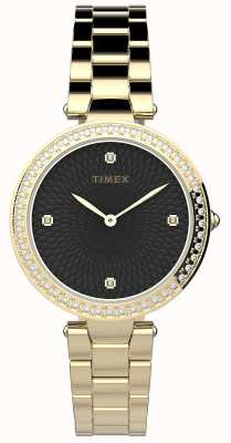 Timex Dames | versier met kristallen | zwarte wijzerplaat | goud roestvrij staal TW2V24400