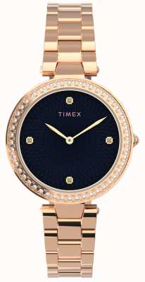 Timex Dames | sieren met kristallen zwarte wijzerplaat | rosé gouden armband TW2V24600