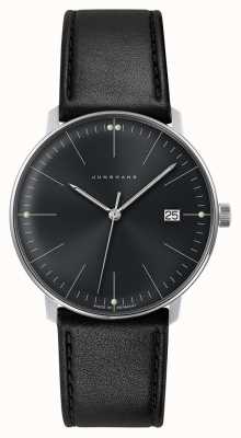 Junghans Heren max bill quartz effen zwarte wijzerplaat zwart lederen horloge saffier 41/4465.02