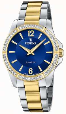estina Dames goud-pltd. horloge w/cz set & stalen armband F20594/2