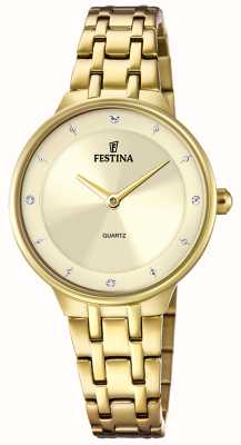 Festina Dameshorloge met goudkleurige wijzerplaat met cz-set en stalen armband F20601/2
