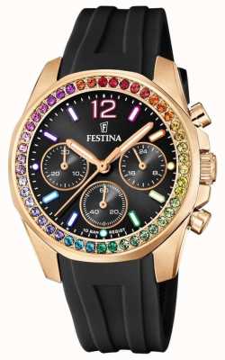 Festina Dames rose-plt.steel chrono horloge met rubberen band F20611/3