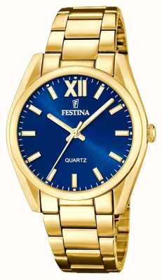 Festina Dames goudkleurig horloge met blauwe sunray wijzerplaat F20640/5