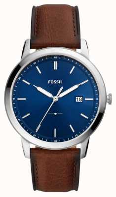Fossil Heren minimalistisch | blauwe wijzerplaat | bruine leren band FS5839