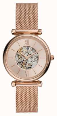 Fossil Carlie automaat dames | roségouden wijzerplaat met open hart | rosé gouden stalen mesh armband ME3175