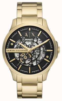 Armani Exchange Heren | automatisch | zwarte skelet wijzerplaat | gouden roestvrijstalen armband AX2419
