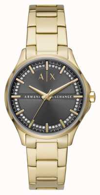 Armani Exchange Dames | grijze kristallen wijzerplaat | gouden roestvrijstalen armband AX5257